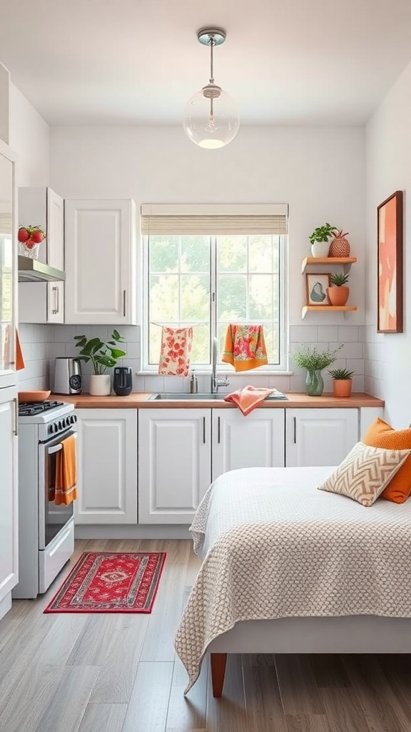 A small kitchen with colorful accents, featuring bright towels, plants, and a patterned rug.