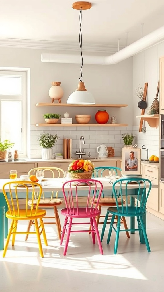 A bright kitchen featuring colorful chairs in yellow, pink, and teal, with a neutral backdrop and a fruit basket on the table.