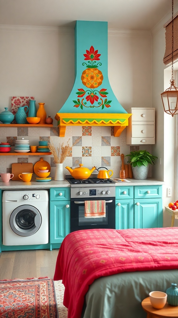 A colorful kitchen with a decorative chimney hood, featuring blue and yellow colors and floral designs.