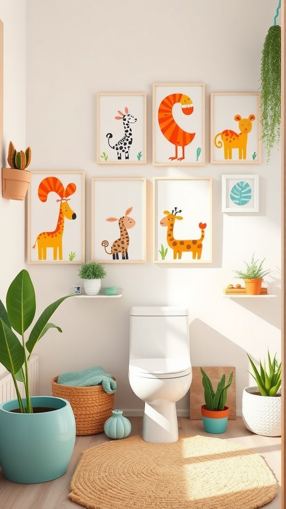 Brightly colored animal illustrations on the wall of a toddler's bathroom