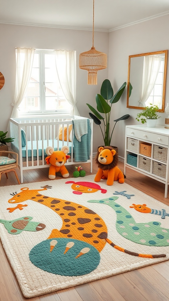 A nursery with a colorful animal rug featuring a giraffe, turtle, and other playful designs, surrounded by bright decor and toys.