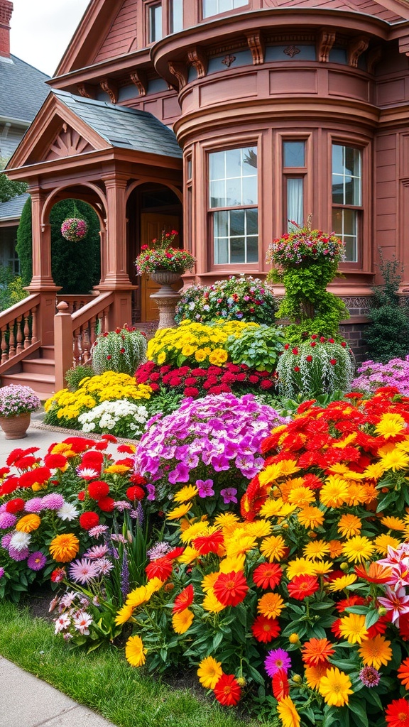 A vibrant Victorian front garden filled with colorful annual flowers like red, yellow, and purple.