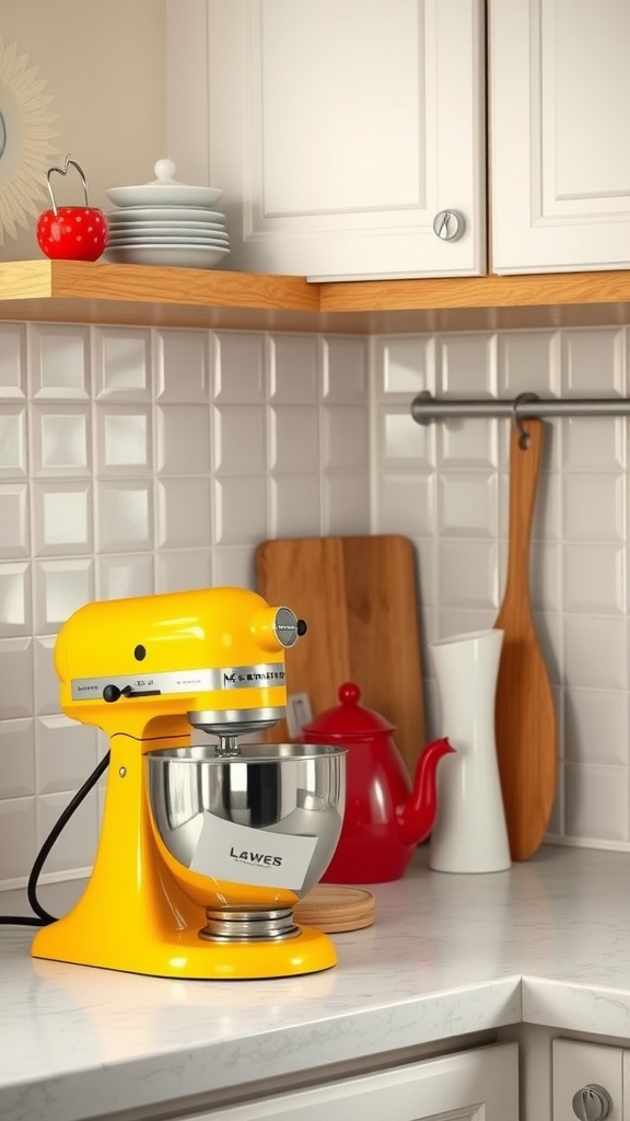 A bright yellow stand mixer on a kitchen countertop with a red kettle and wooden utensils.