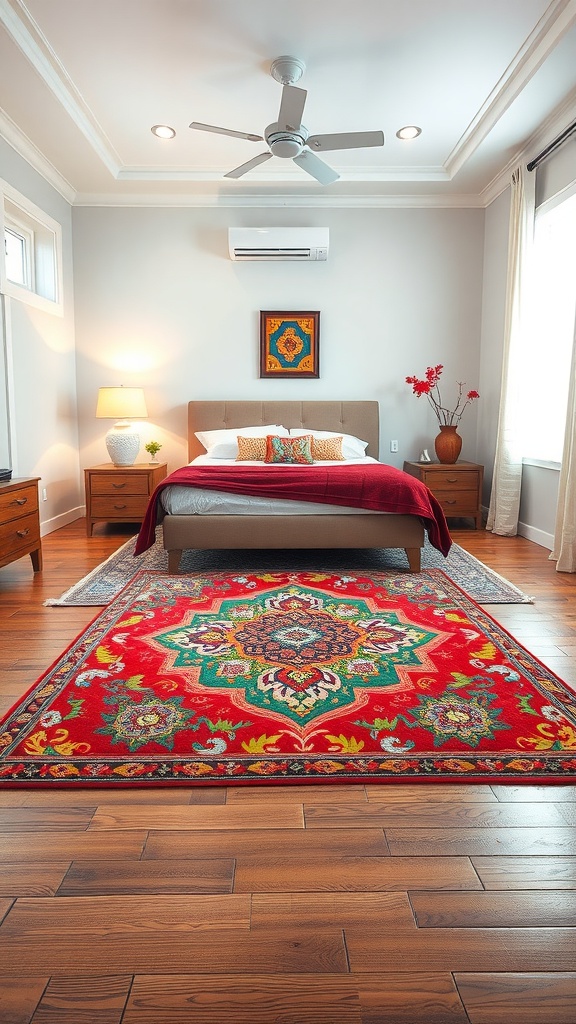A colorful red area rug with intricate patterns in a modern Indian bedroom featuring a bed, nightstands, and a ceiling fan.
