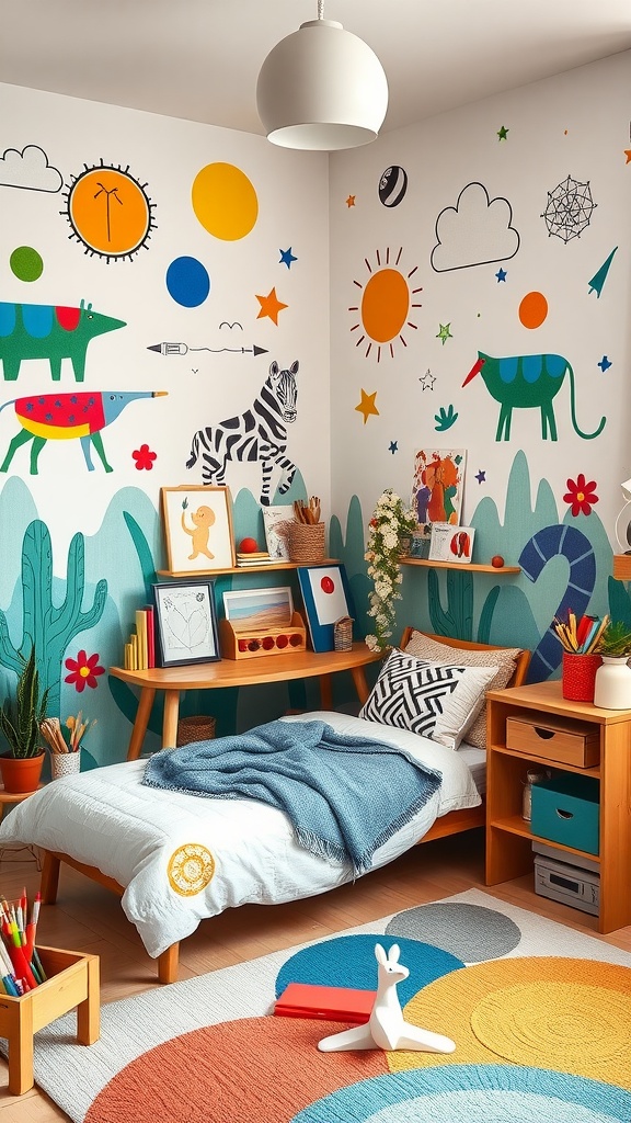 A toddler boy's bedroom featuring a colorful art corner with vibrant wall art, a cozy bed, and art supplies.