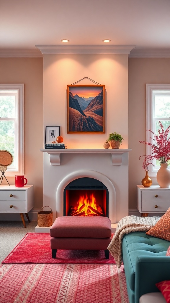 A colorful backlit faux fireplace in a cozy bedroom setting, featuring a white mantel, vibrant flames, and a comfortable ottoman.