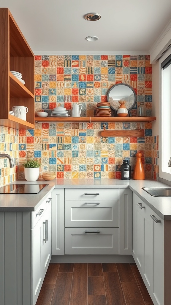 A tiny apartment kitchen featuring a colorful tiled backsplash with vibrant patterns, white cabinetry, and wooden shelves.