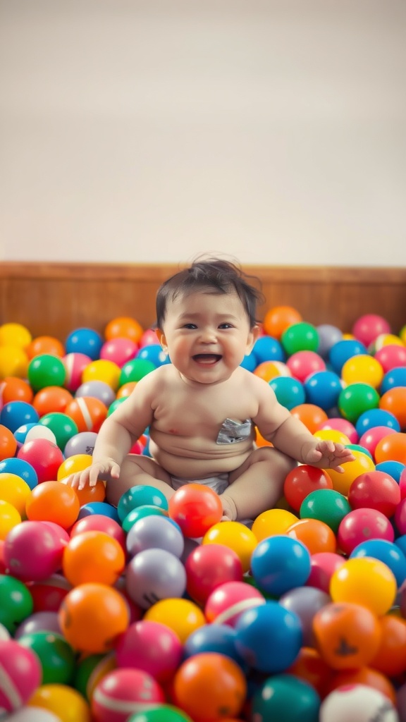 A smiling baby sitting in a colorful ball pit filled with vibrant plastic balls.