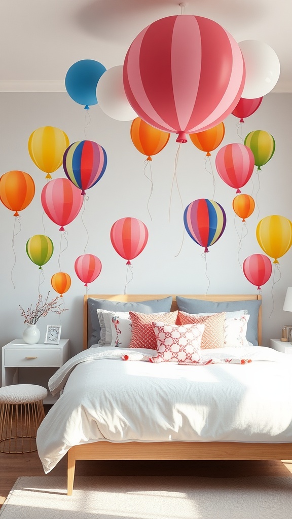 A child's bedroom with colorful balloon decorations on the walls and a cozy bed with patterned pillows.