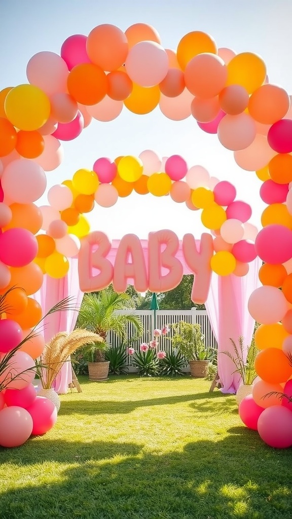 Colorful balloon arch featuring pink, orange, and yellow balloons, with a 'BABY' sign in a sunny garden setting.