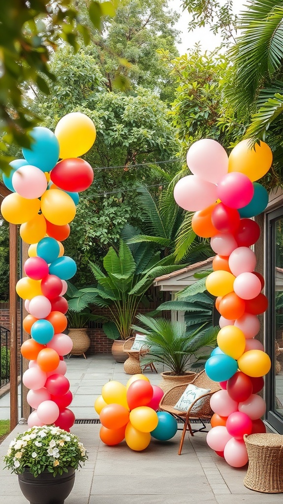 Colorful balloon arrangements in a garden setting for a summer baby shower.