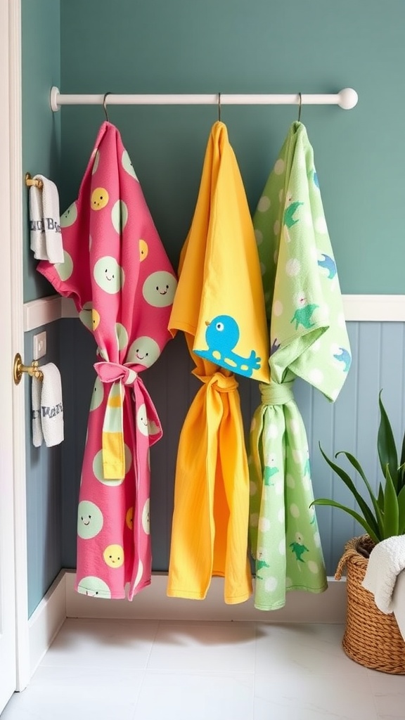 Three colorful bathrobes in a kids' bathroom, featuring playful designs of smiling faces, a bird, and dinosaurs.
