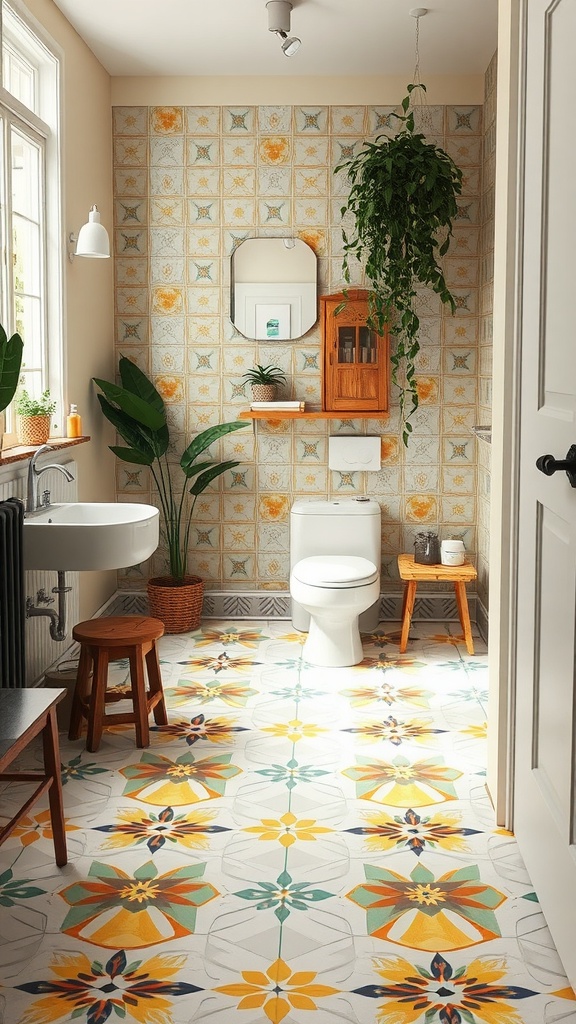 A colorful kids bathroom featuring a vibrant floral patterned floor, plants, and cheerful decor.