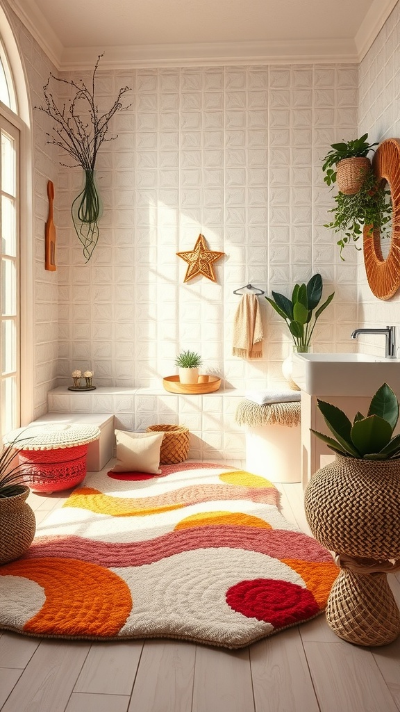 Colorful kids bathroom featuring vibrant rugs with wavy patterns in orange, red, and cream.