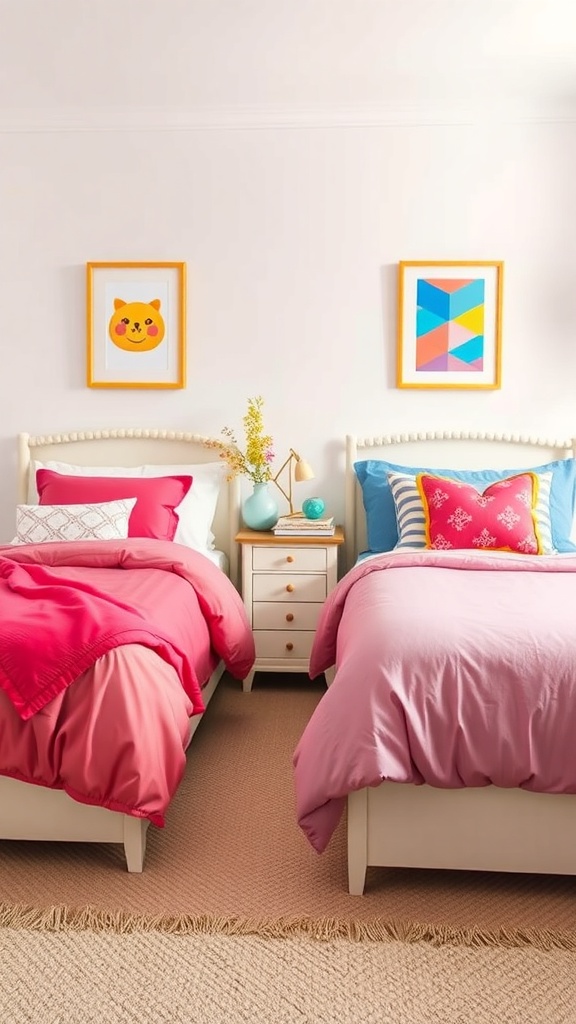 Two twin beds with colorful bedding in a shared bedroom, featuring pink and lavender comforters and decorative pillows.