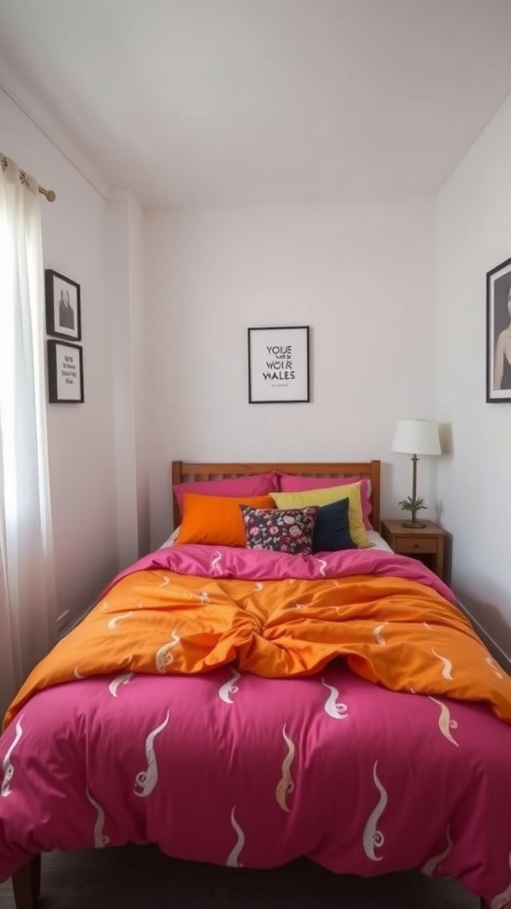 A small square bedroom featuring colorful bedding in pink and orange with floral and solid accent pillows.