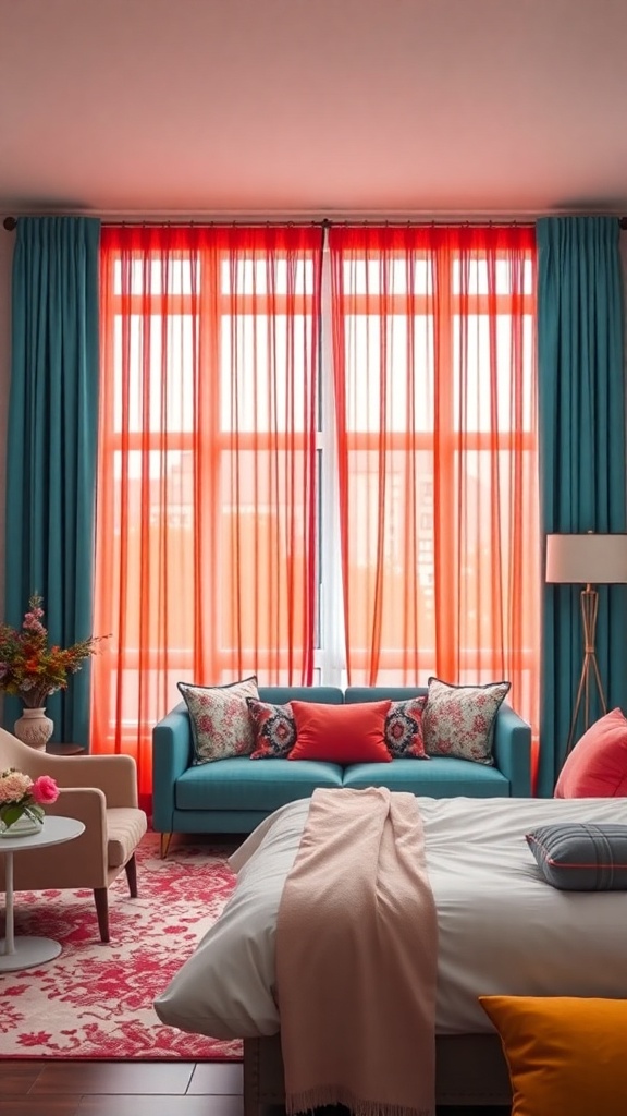 A living room featuring colorful block-out curtains in red and turquoise, with a matching sofa and decorative pillows.