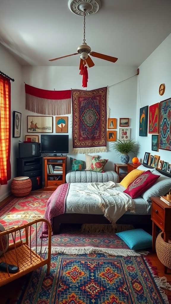 A colorful bohemian-themed bedroom featuring layered rugs with intricate patterns and vibrant colors, cozy decor, and an artistic ambiance.