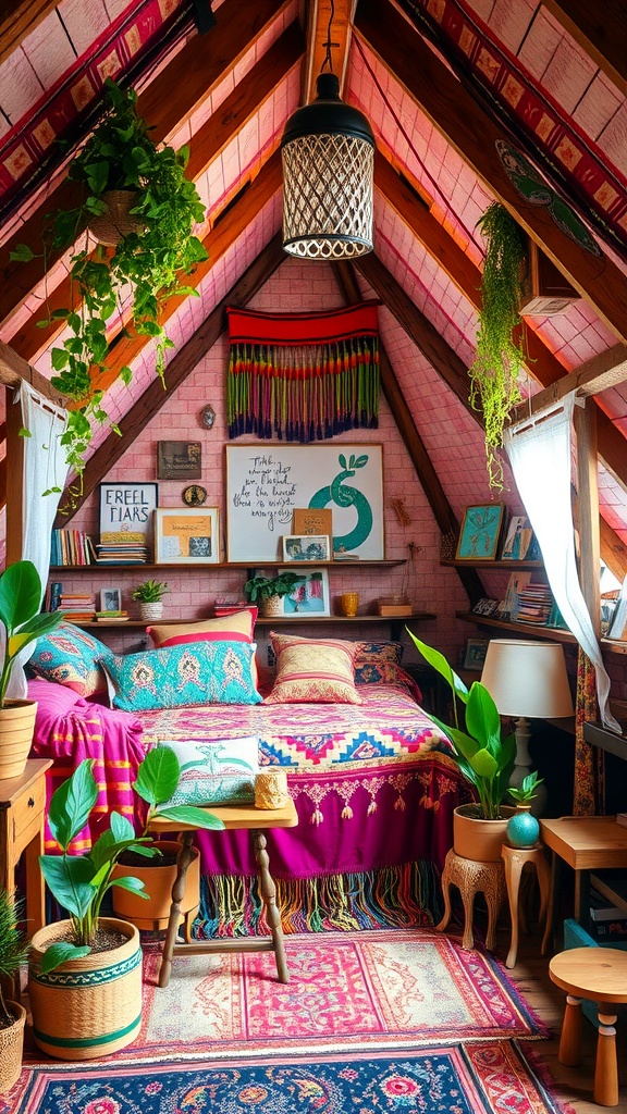A colorful bohemian-style attic bedroom with patterned textiles, plants, and eclectic decor.