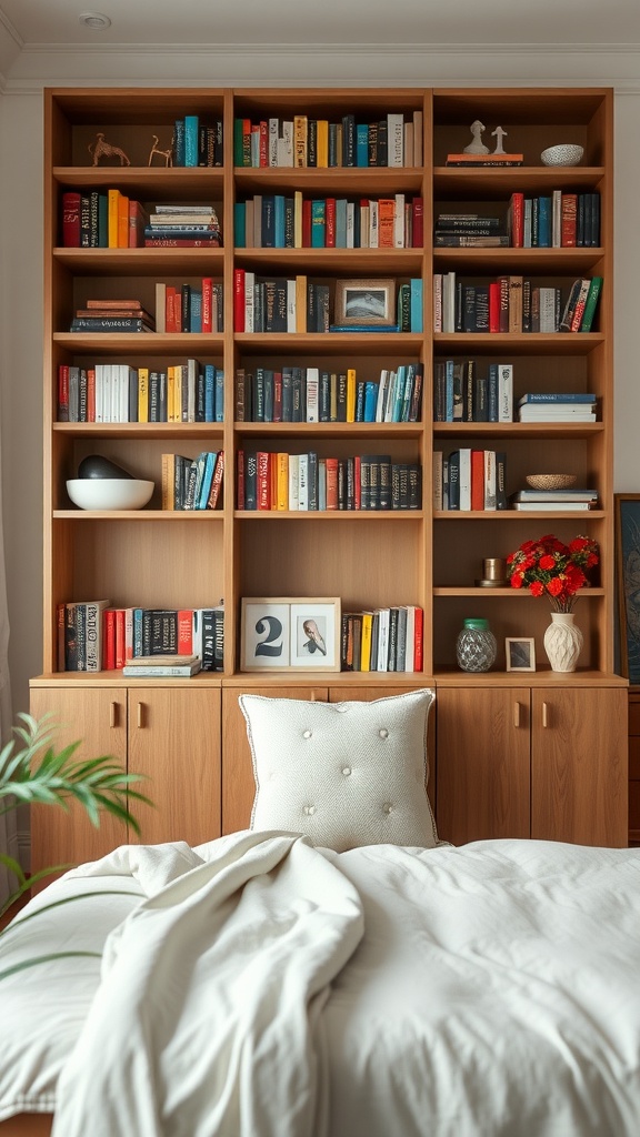 A colorful bookshelf with books arranged by color, showcasing a mix of decorative items.