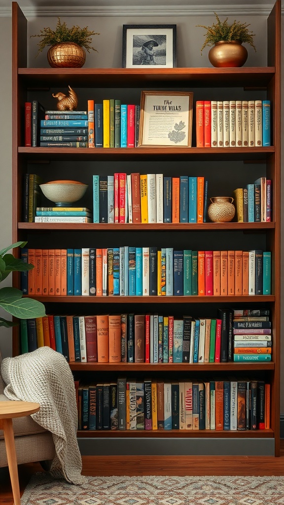 Colorful bookshelf with books arranged by color, decorated with plants and artistic elements.