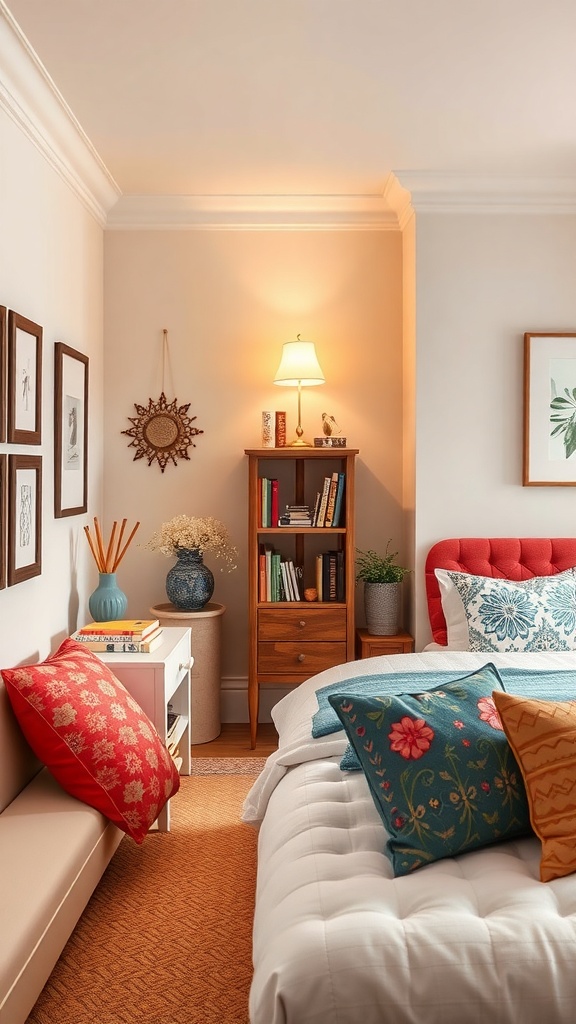A cozy bedroom corner with a bookshelf, colorful cushions, and warm lighting.