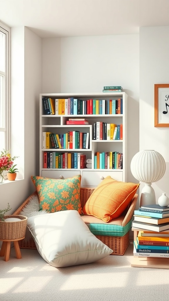 Colorful bookshelf with cushions in a cozy reading nook