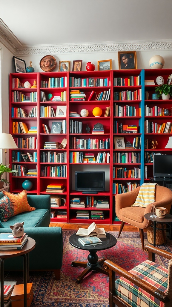 Bright red bookcase filled with colorful books and decorative items in a cozy living room.