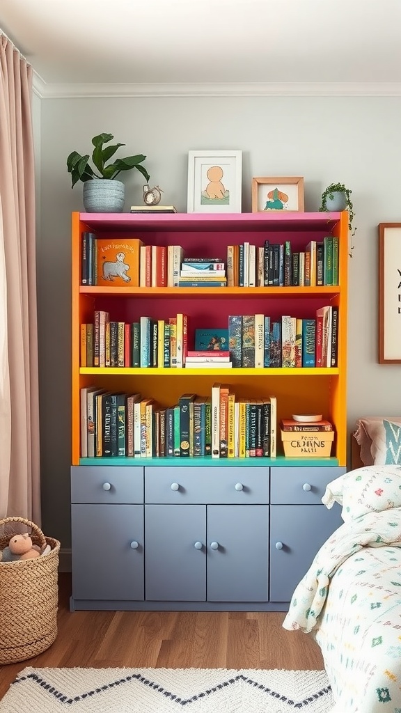 A colorful bookshelf filled with books in a child's room, featuring bright orange and pink shelves with blue drawers and decorative items on top.