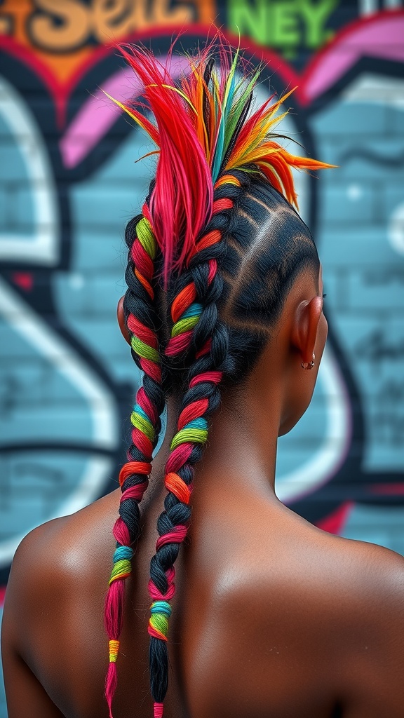 A colorful braided mohawk hairstyle with vibrant colors in braids and a spiky top.