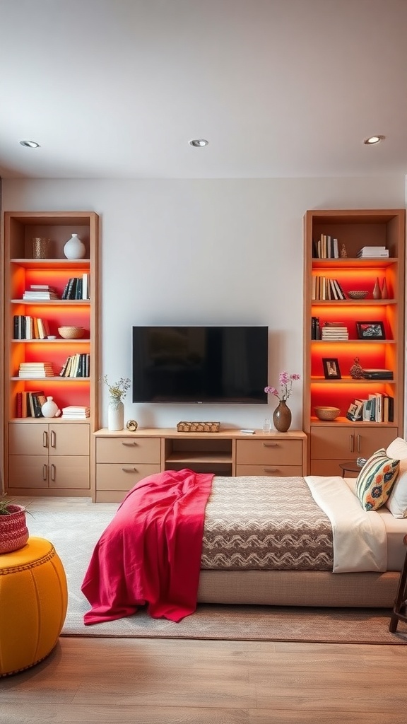 Living room with colorful built-in shelving and a TV unit