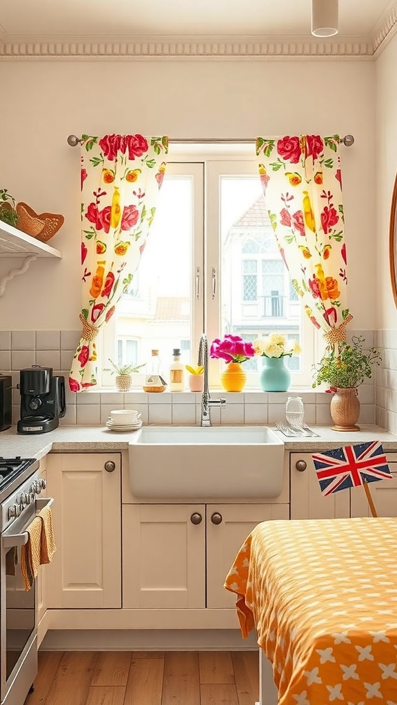 A bright kitchen featuring colorful floral café curtains, a sunny yellow tablecloth, and potted plants on the windowsill.