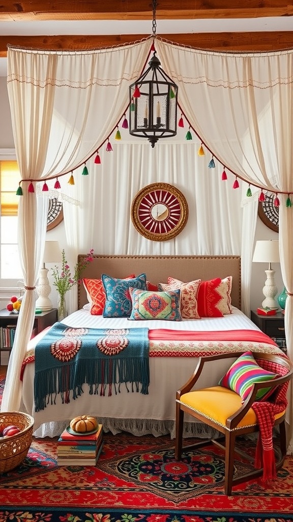 A colorful canopy bed with vibrant pillows and throws in a boho bedroom setting.