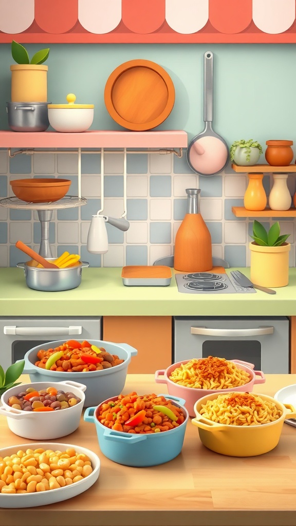 A colorful kitchen setup with various casserole dishes filled with ingredients, showcasing a fun cooking space.