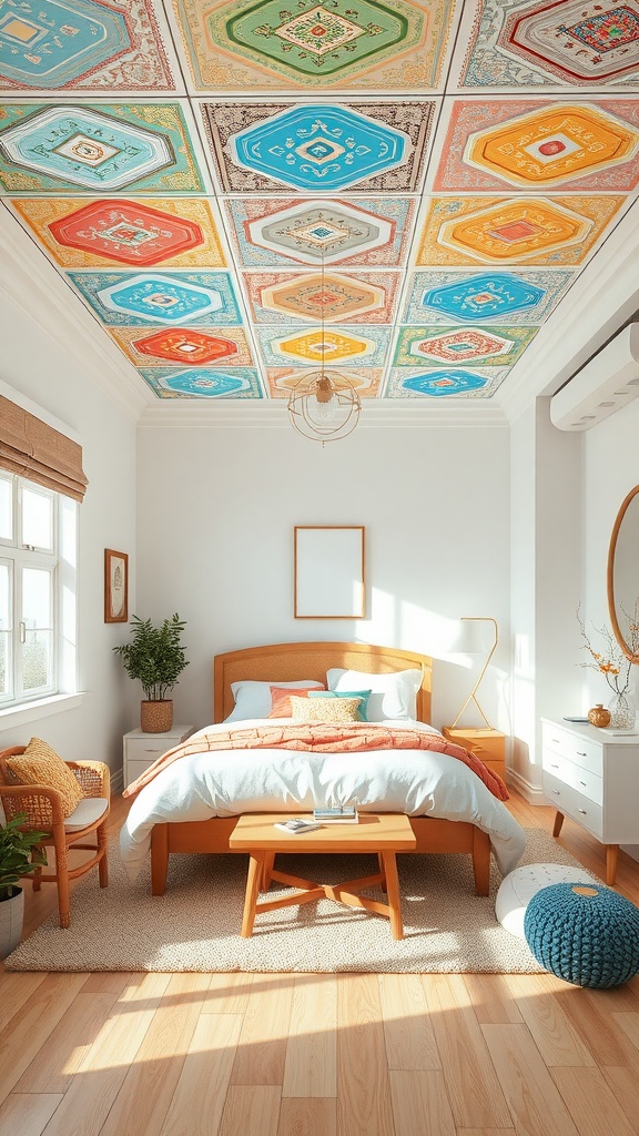 A bedroom with a colorful patterned ceiling featuring geometric designs