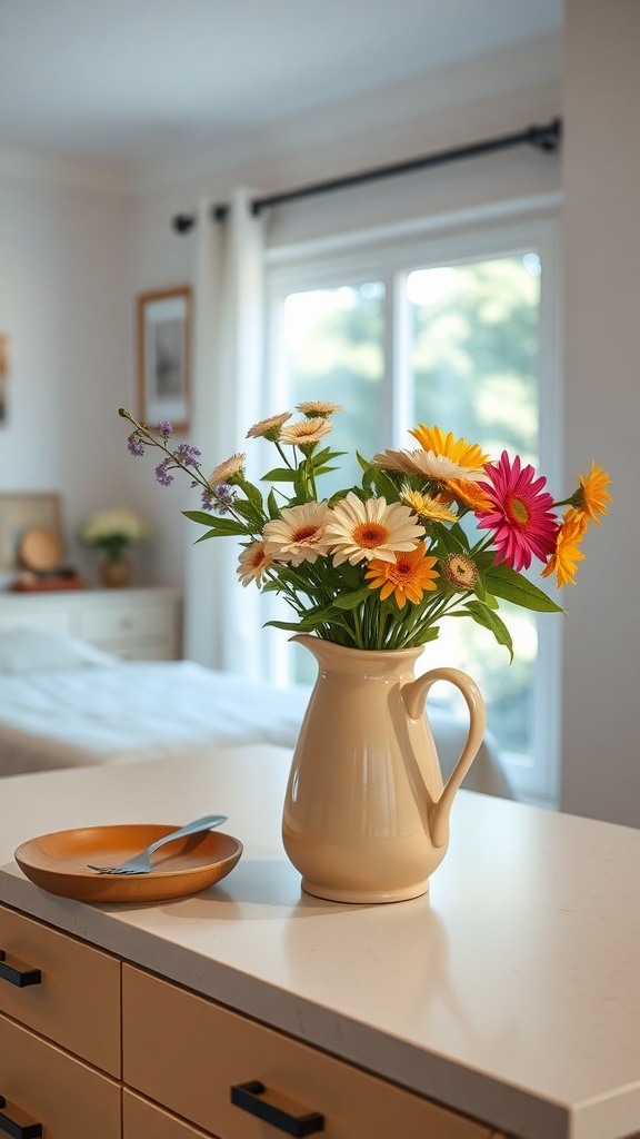 Colorful ceramic pitcher filled with flowers on a kitchen island