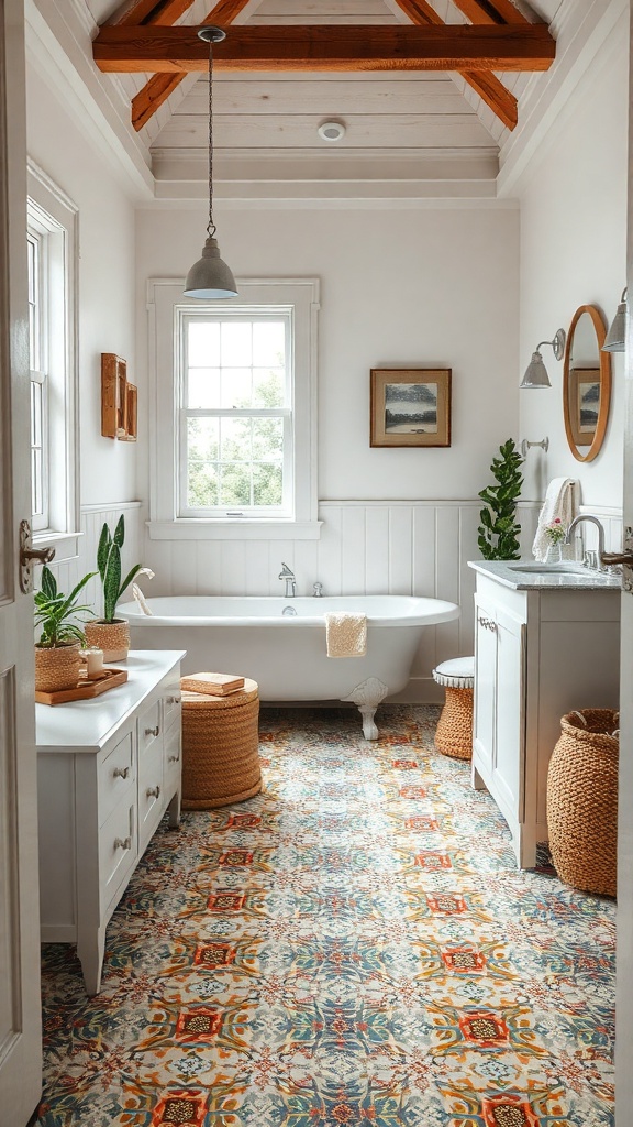 A cozy cottage bathroom featuring colorful ceramic tile flooring, a freestanding bathtub, and natural decor elements.