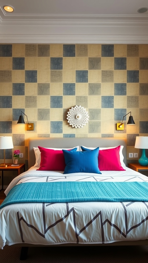 A colorful bedroom featuring a checkerboard wall design with bright pillows and a turquoise throw.