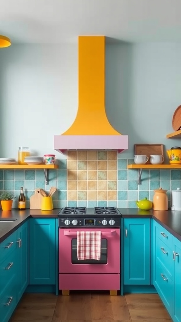 A vibrant kitchen featuring a colorful chimney in yellow and pink, with turquoise cabinets and a patterned backsplash.