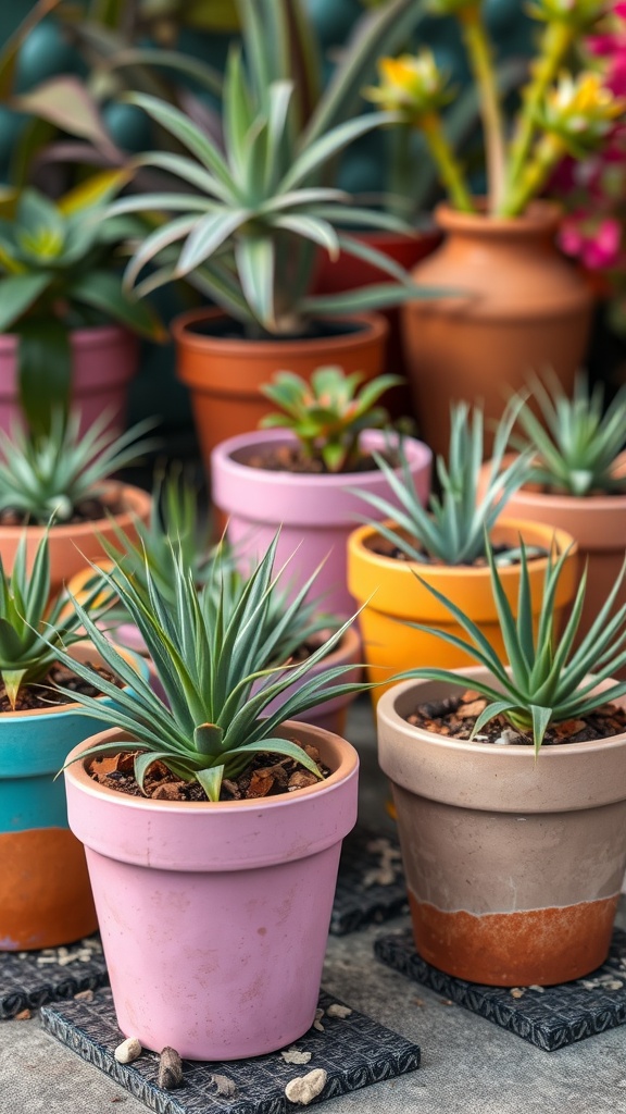 A vibrant display of air plants in colorful clay pots.