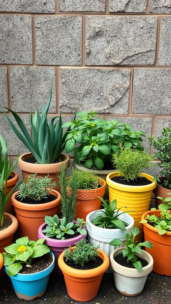 A variety of colorful clay pots filled with herbs in a garden setting.