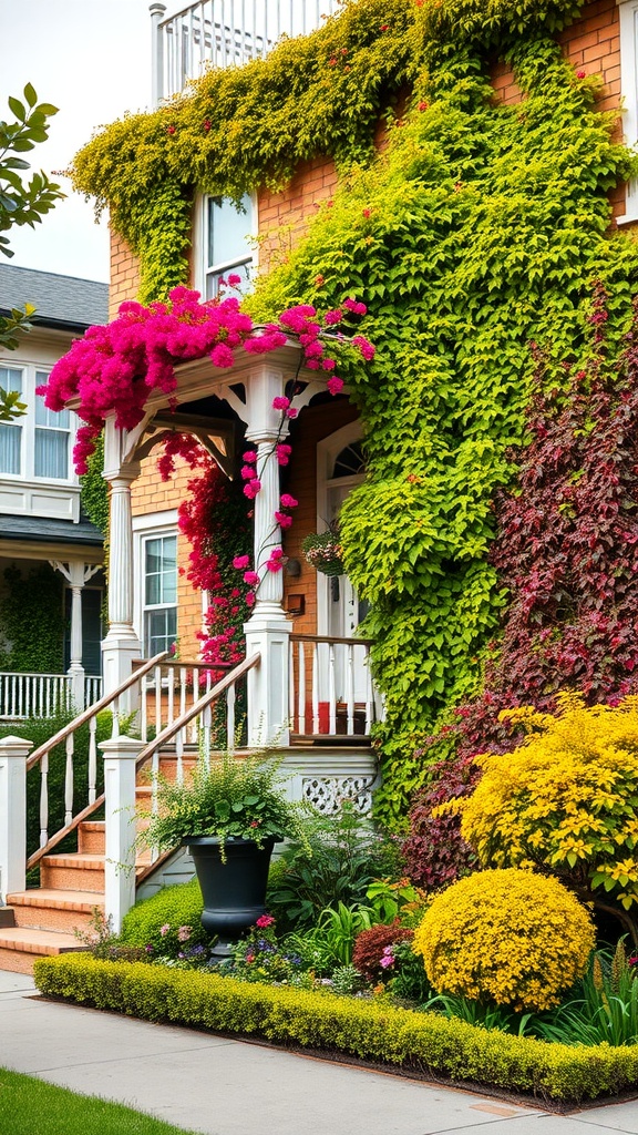 A Victorian house with colorful climbing vines and a lush garden.