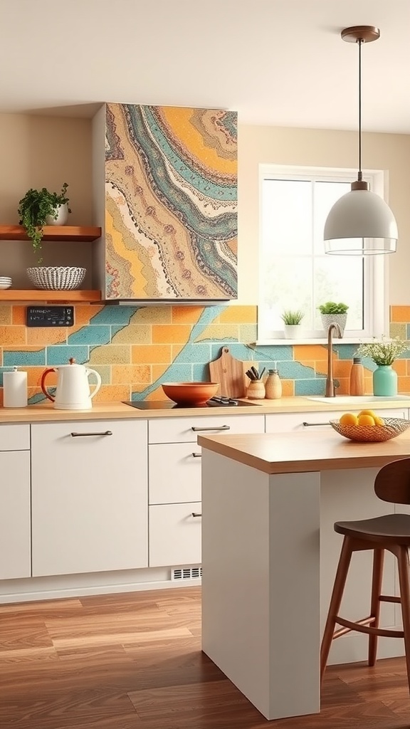 A colorful kitchen featuring vibrant concrete accents on the backsplash.
