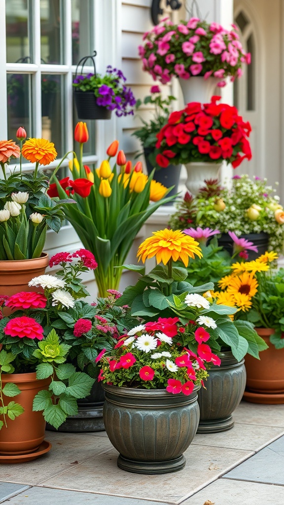 A vibrant display of colorful flowers in various pots, showcasing a beautiful container garden.