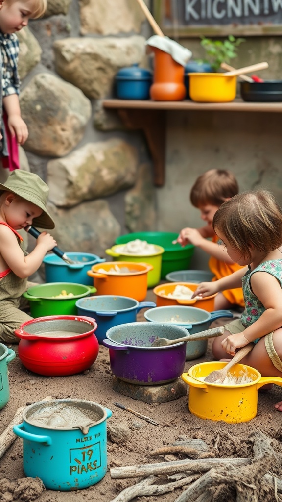 Children playing in a colorful mud kitchen with pots and sand.