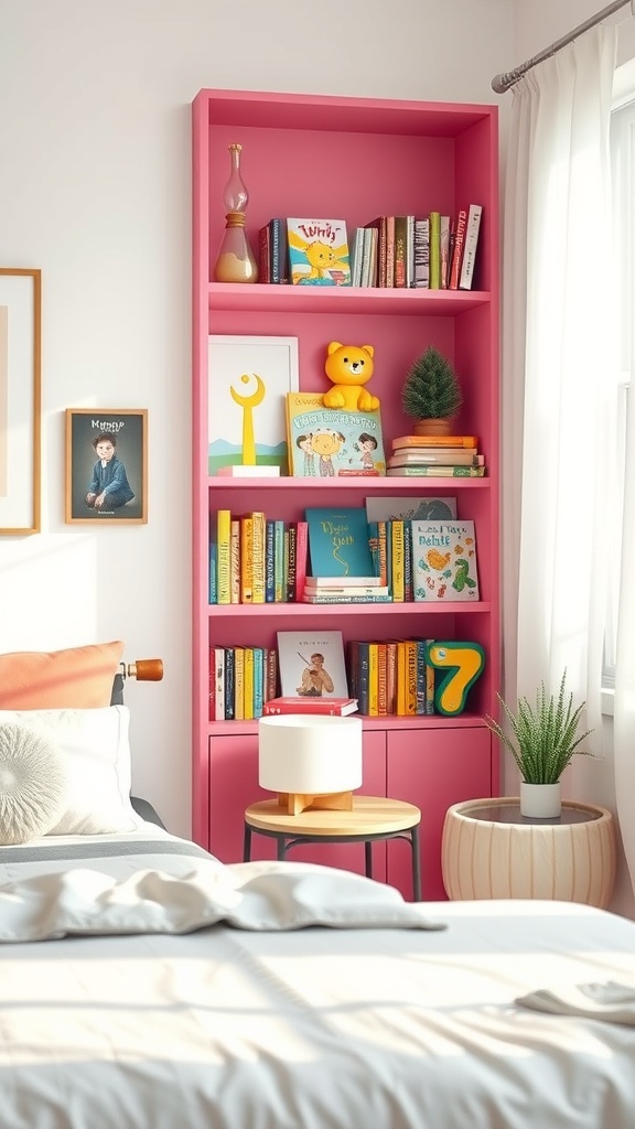 A vibrant pink corner bookshelf filled with books and decorative items in a cozy room.