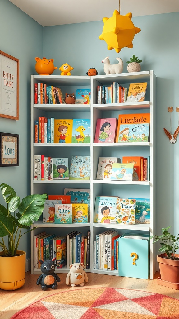 Colorful corner bookshelf in a child's room with books, toys, and playful decor.