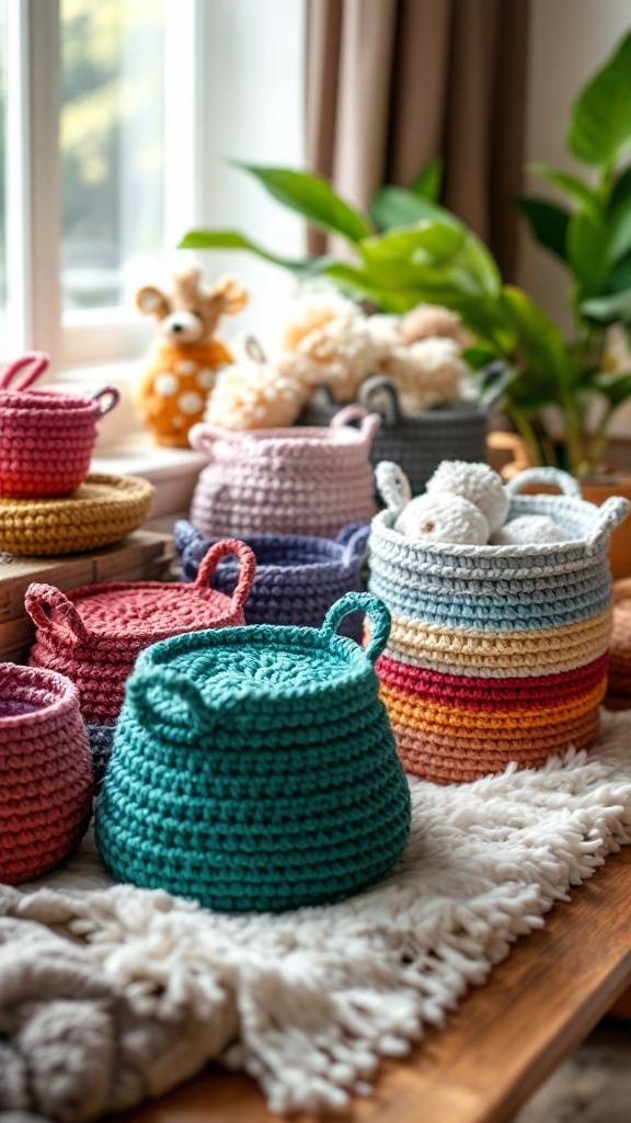 A collection of colorful crochet baskets in various sizes and designs, displayed on a wooden table next to a window.