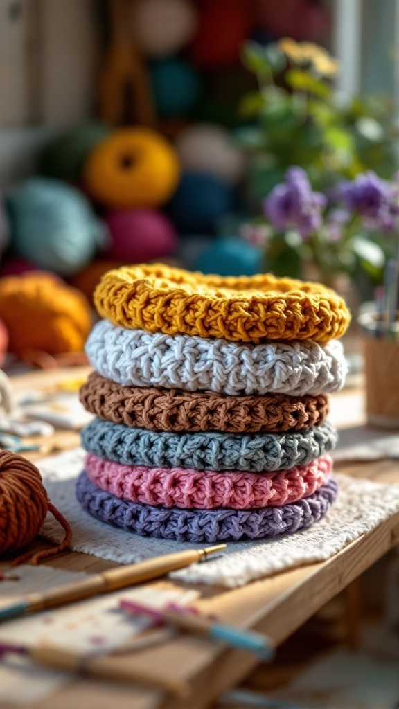 A stack of colorful crochet beanies in various shades, including mustard, brown, grey, pink, and purple, on a wooden table with crafting tools in the background.