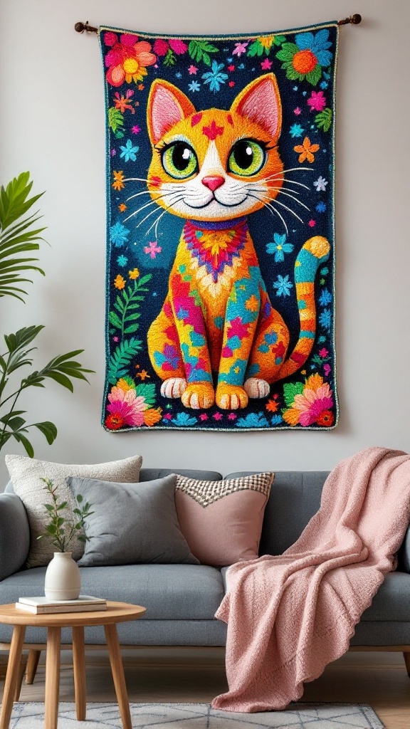Colorful crochet cat wall hanging with vibrant flowers and leaves